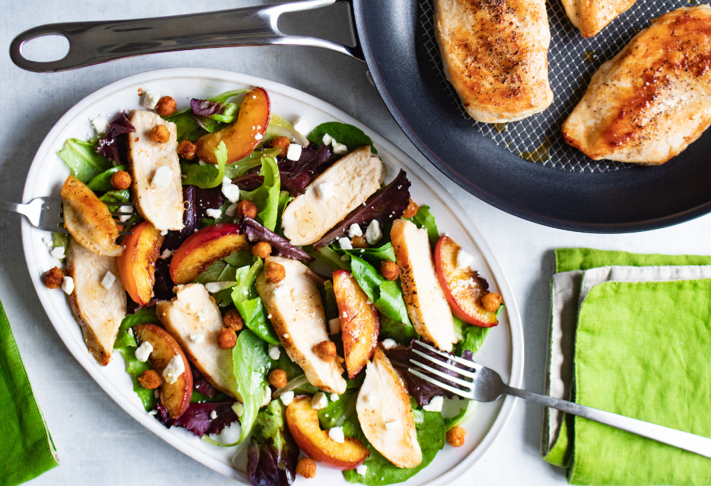 Salad with Pan Seared Chicken, Peaches, and Spiced Chickpeas