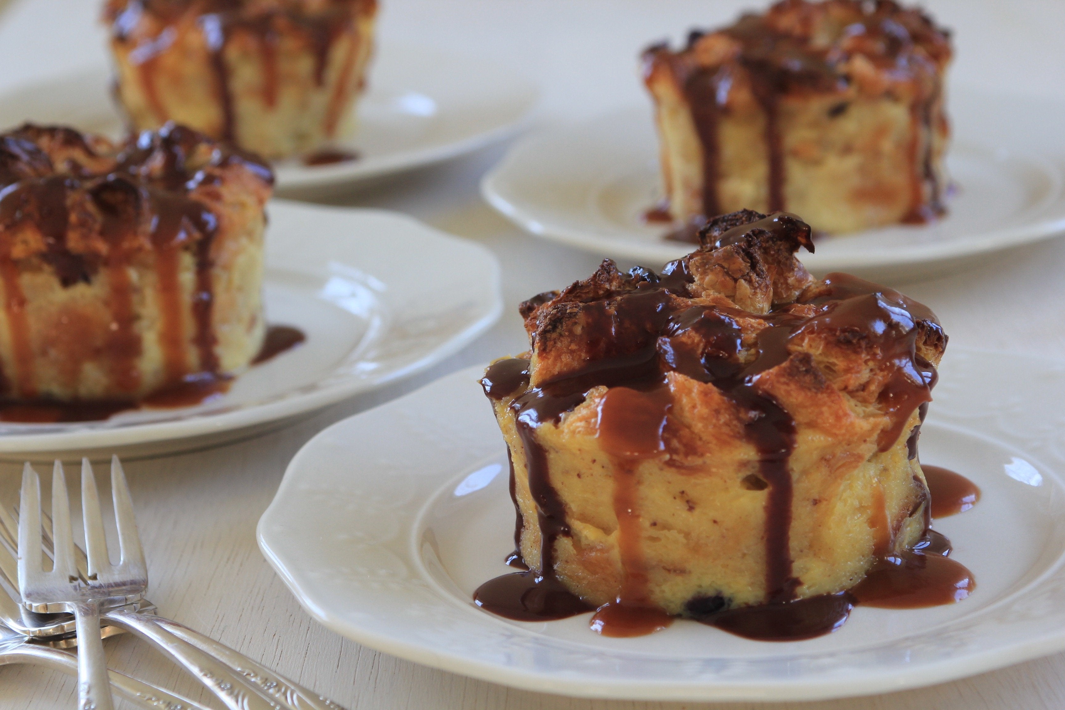 Individual Croissant Bread Puddings with Chocolate and Caramel Sauces – Anolon