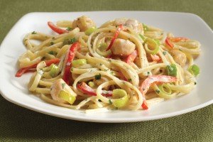 Linguini with Bay Scallops, Chevre, and Red Peppers