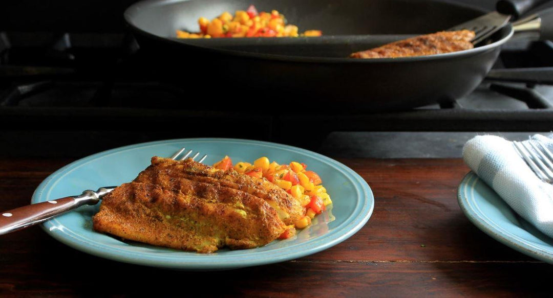 Turmeric Dusted Grilled Snapper with Curried Peach Corn Chutney