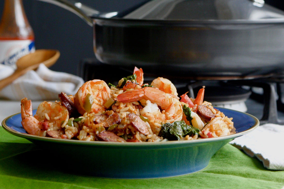 Spicy Mustard Greens, Shrimp and Andouille Jambalaya