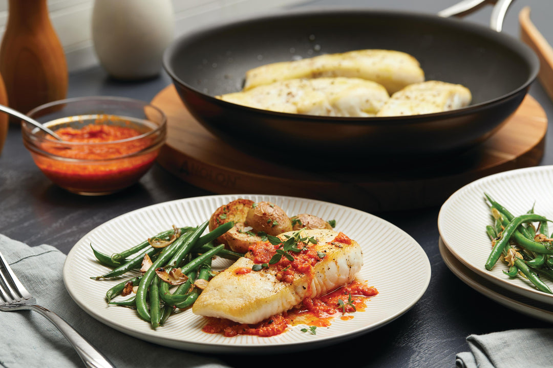 Pan Seared Halibut with Romesco Sauce