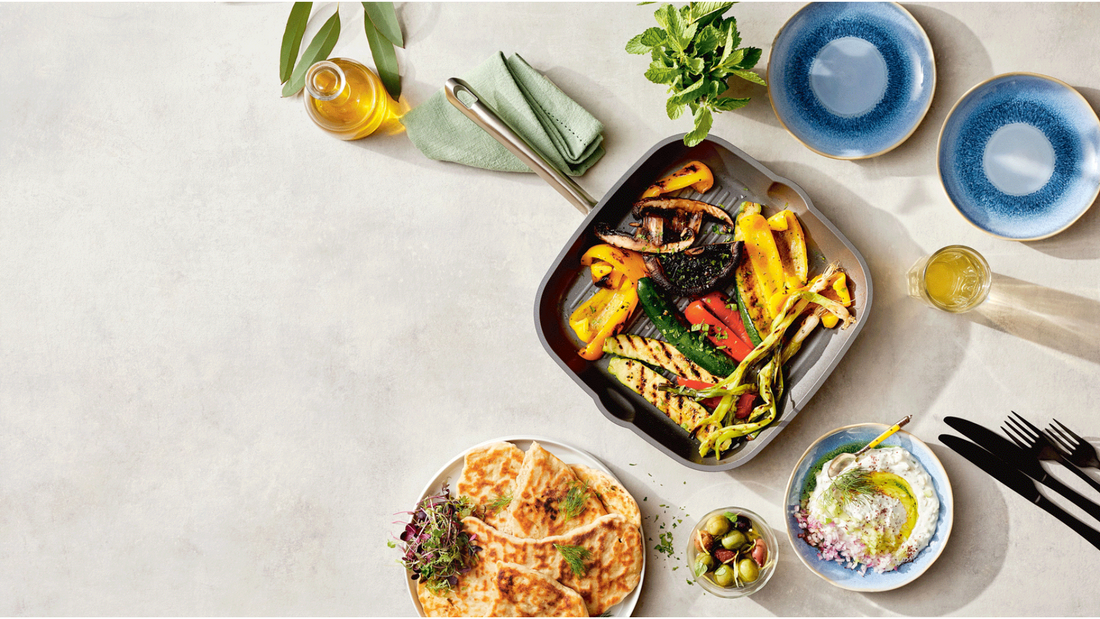 Naan and grilled vegetables on Anolon cookware