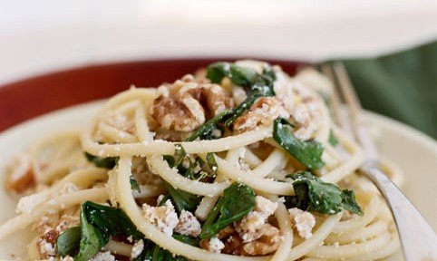 Spaghetti with Walnut sauce, Basil and Ricotta Sauce