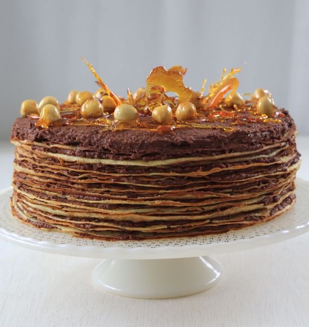 Crepe and Chocolate Hazelnut Ganache Cake with Candied Hazelnuts