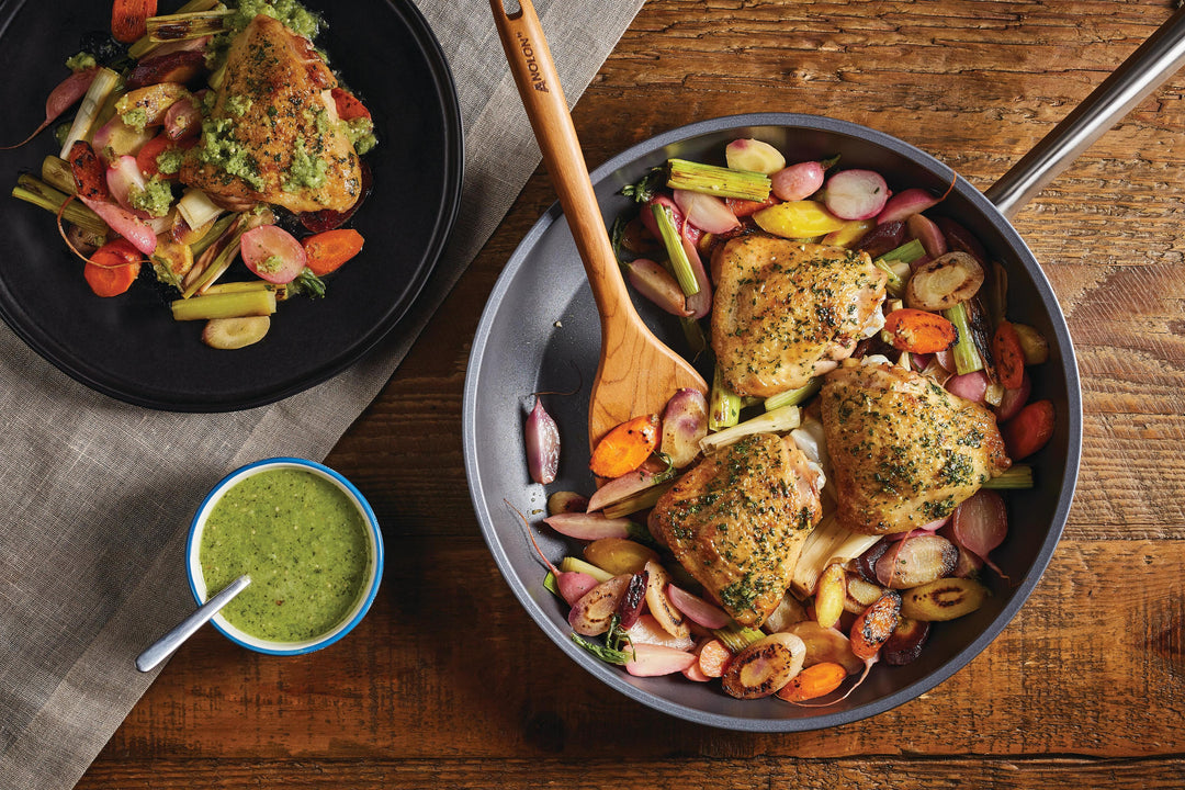 Pan-Roasted Chicken and Spring Vegetables with Salsa Verde