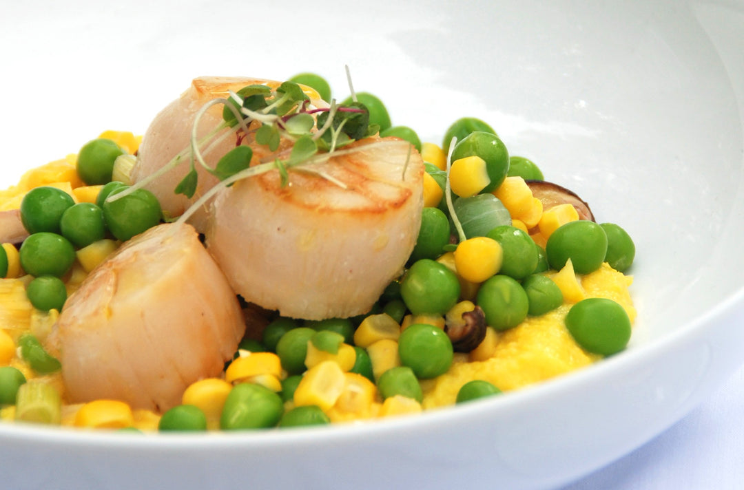 Seared Scallops with Pea and Corn Ragout