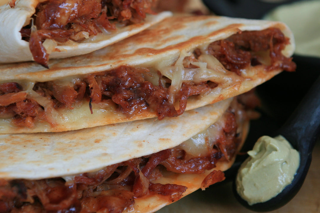 Pulled Pork Quesadilla with Chipotle-Cola BBQ Sauce and Avocado Cream