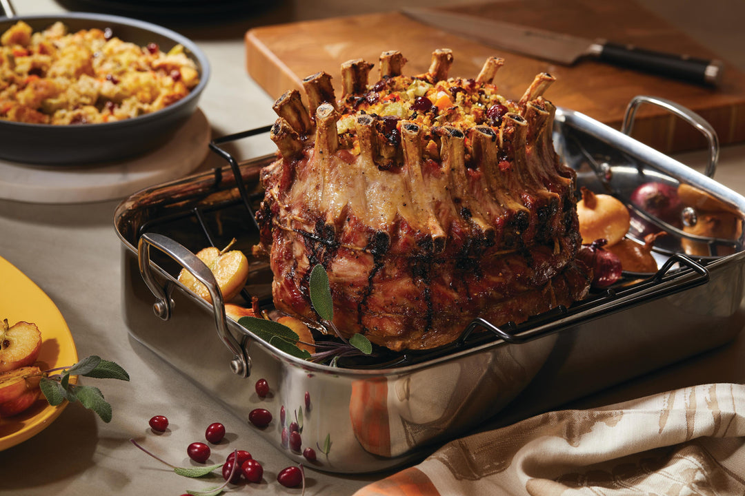 Crown Roast of Pork with Apple Cornbread Stuffing and Cider Reduction
