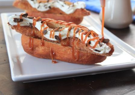 Churro Dogs with Whipped Cream, Dark Chocolate and Salted Caramel