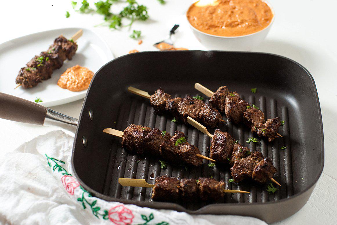 Cumin Marinated Steak Kabobs with Roasted Red Pepper Pesto