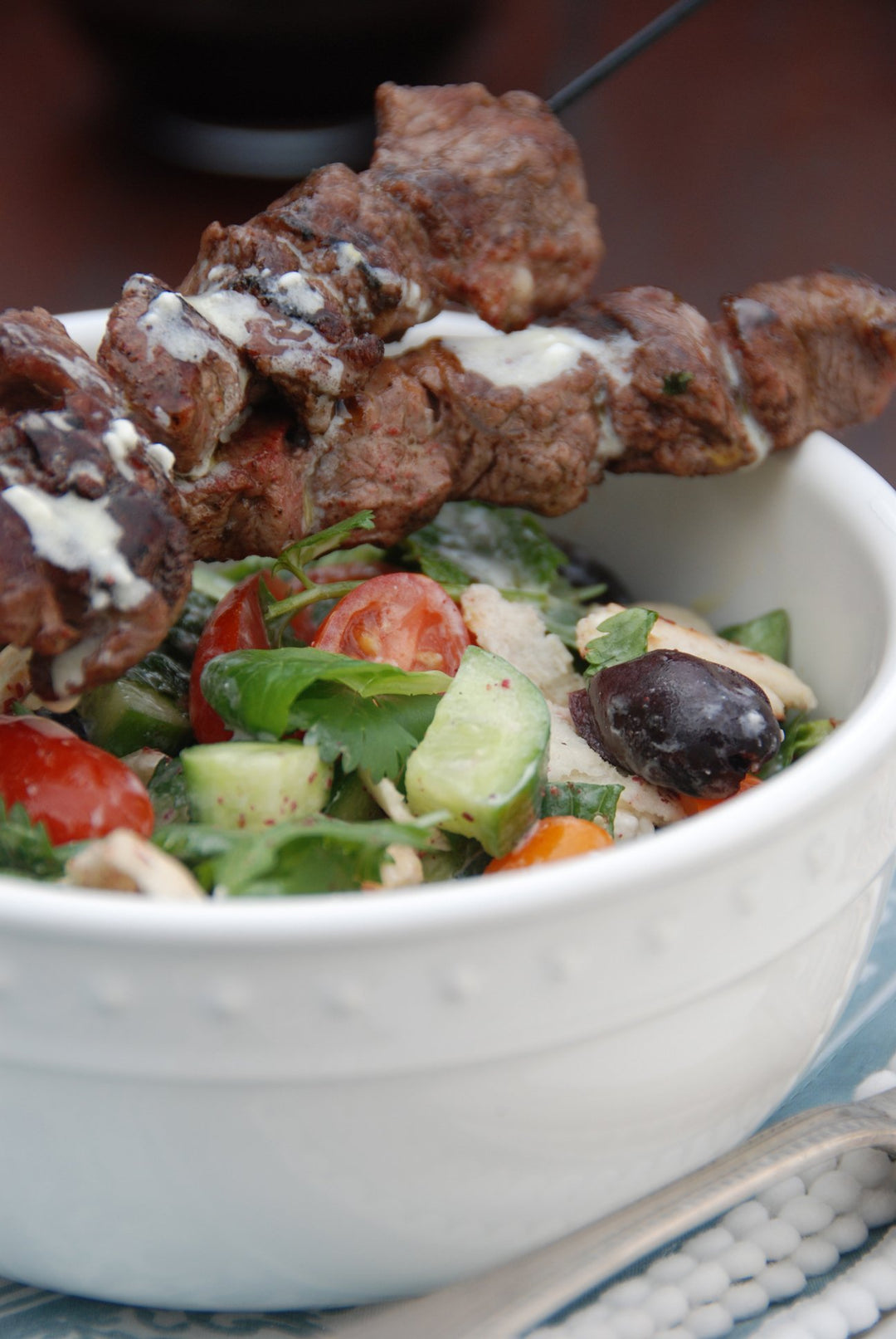 Fattoush with Lamb skewers