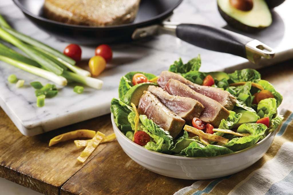 Seared Tuna Salad with Coconut Lime Dressing and Spiced Tortilla Croutons