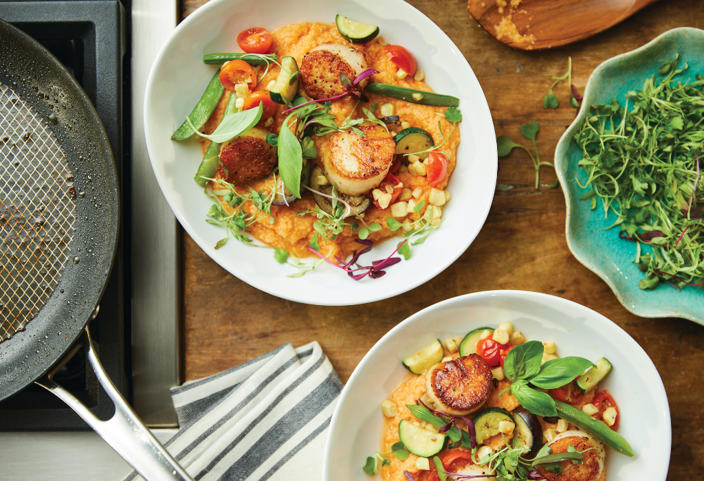 Red Pepper Polenta Bowl with Market Vegetables & Seared Sea Scallops