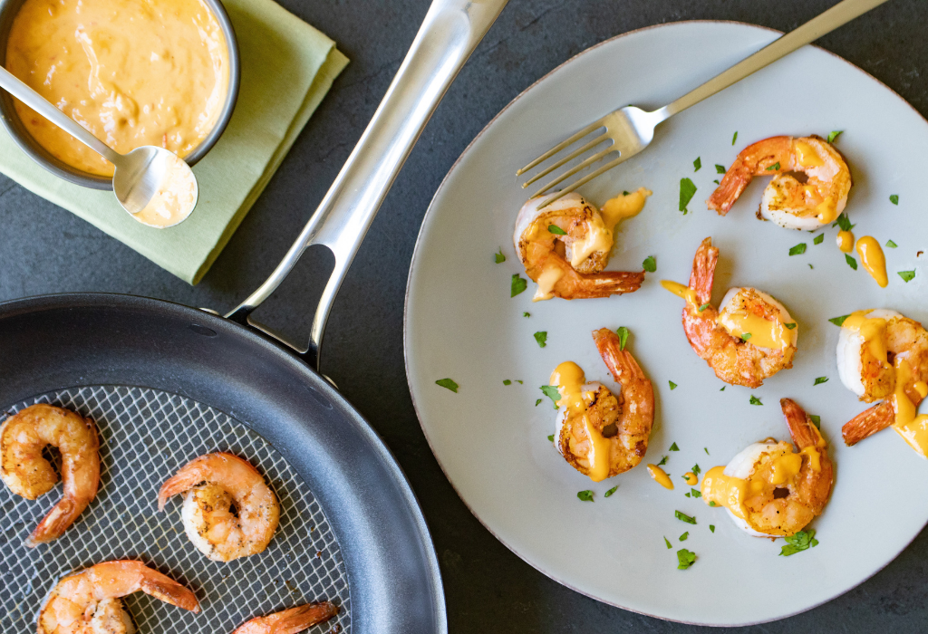 Seared Shrimp with Harissa-Tahini Sauce