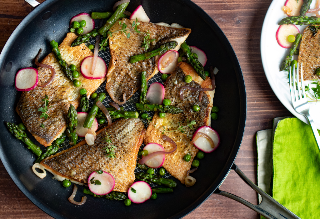Striped Bass with Asparagus Tips, Peas, Radishes and Meyer Lemon Vinaigrette