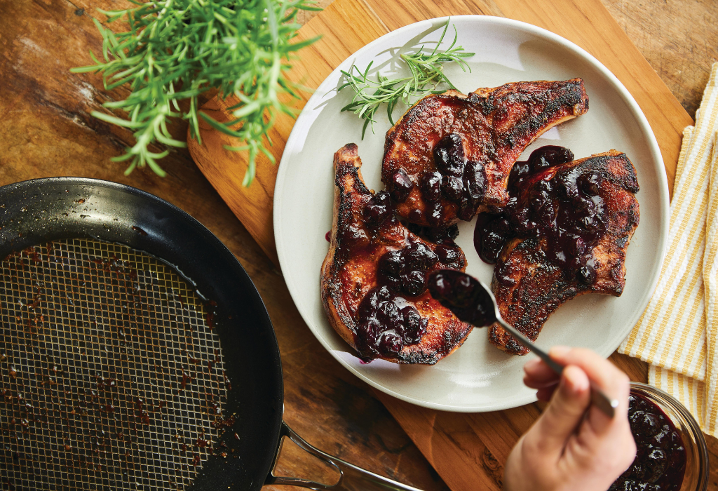 Spice Rubbed Pork Chop with Blueberry Maple Rosemary Sauce