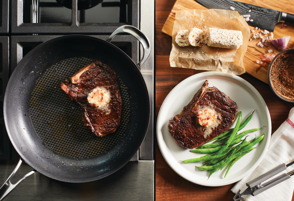 Cocoa and Black Pepper Crusted New York Strip Steaks with Bacon Butter