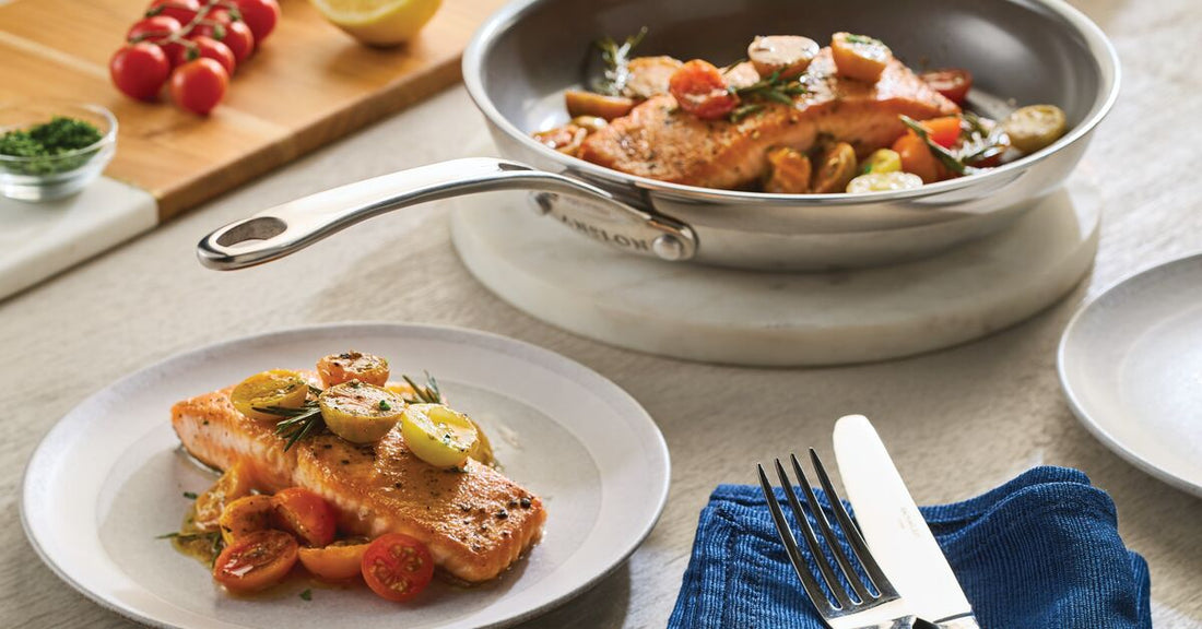 Seared Salmon in Lemon Wine Sauce on a Skillet and Served on a Plate