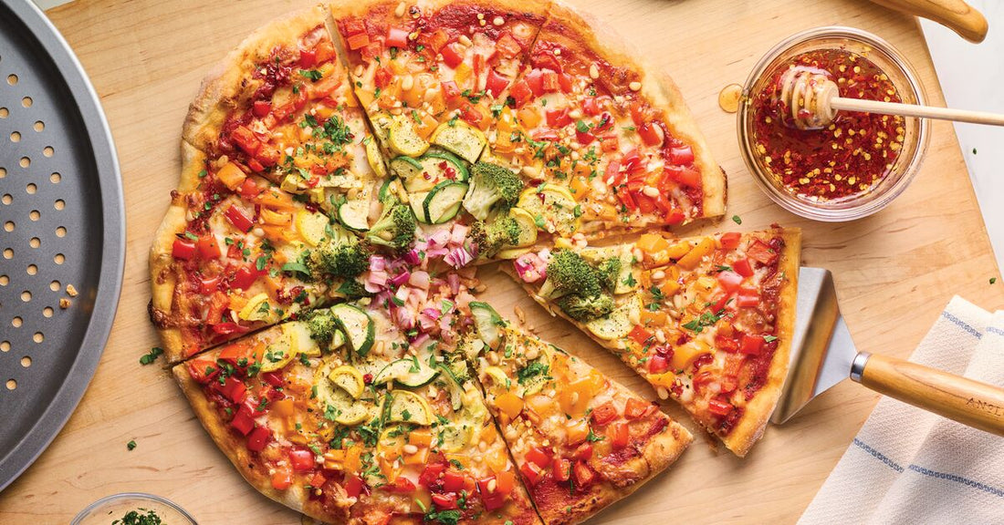 Hot Honey Rainbow Veggie Pizza