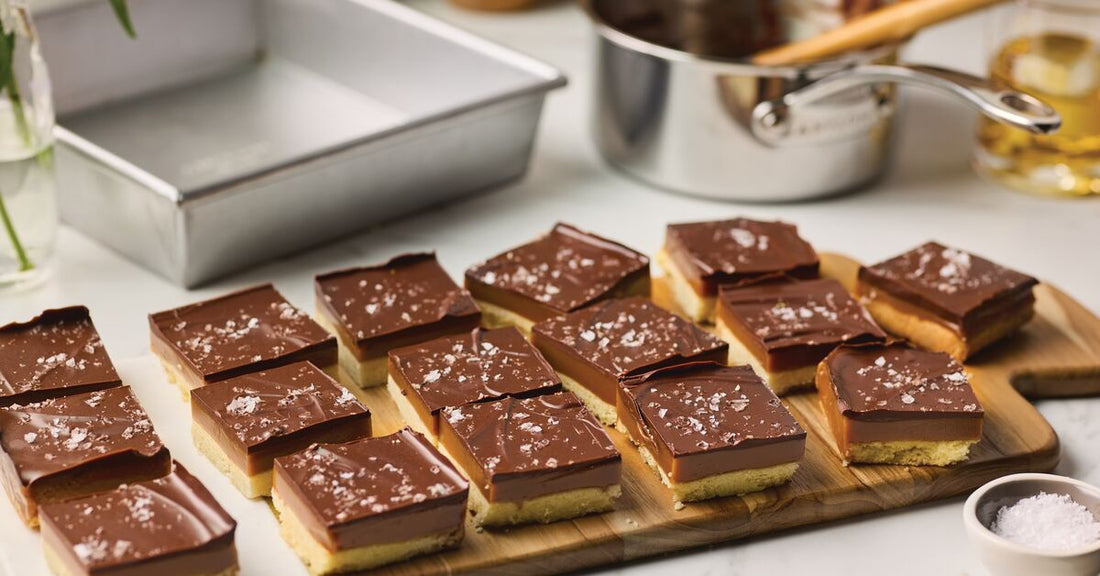 Salted Caramel Bars with Bourbon Dark Chocolate Ganache