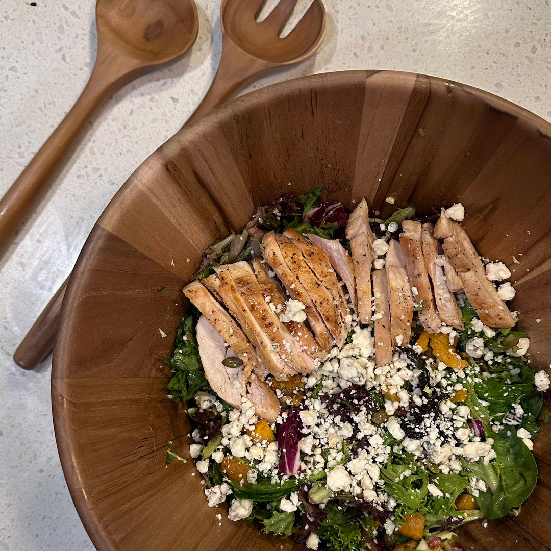 Pumpkin and chicken salad in an Anolon teak serving bowl