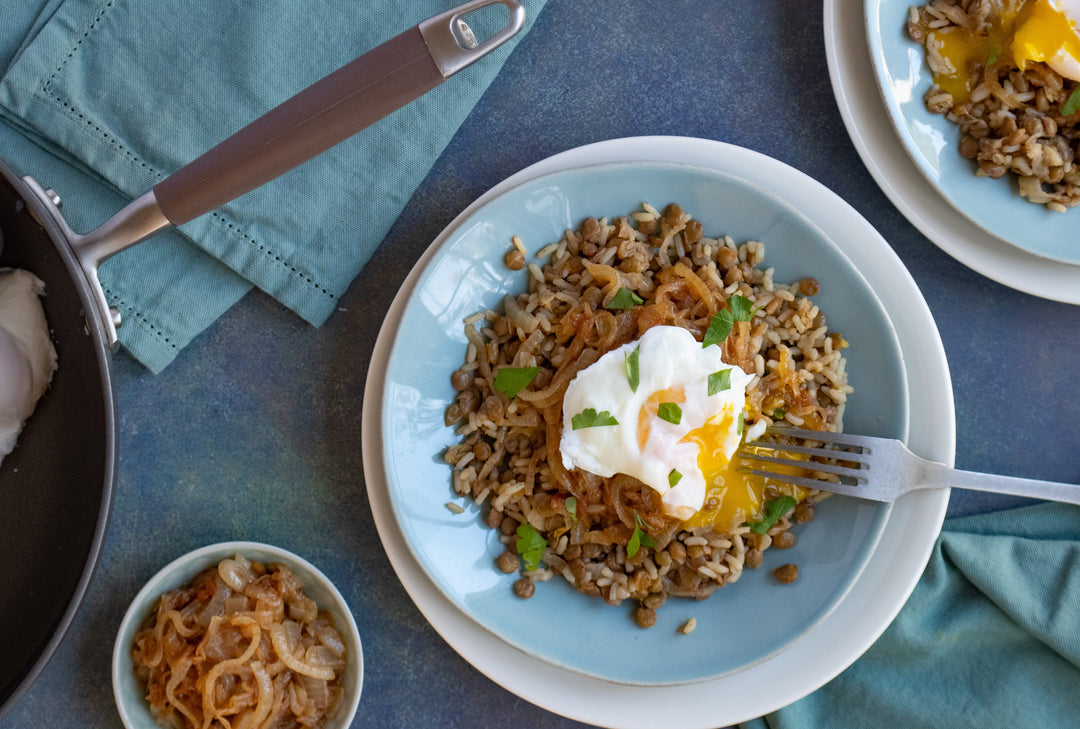 Lebanese Inspired Lentils and Rice with Caramelized Onions and Poached Eggs