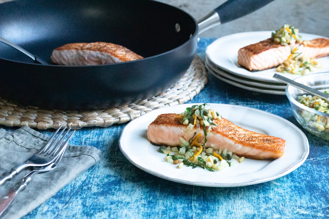Seared Salmon with Pine Nut, Caper and Fennel Topping
