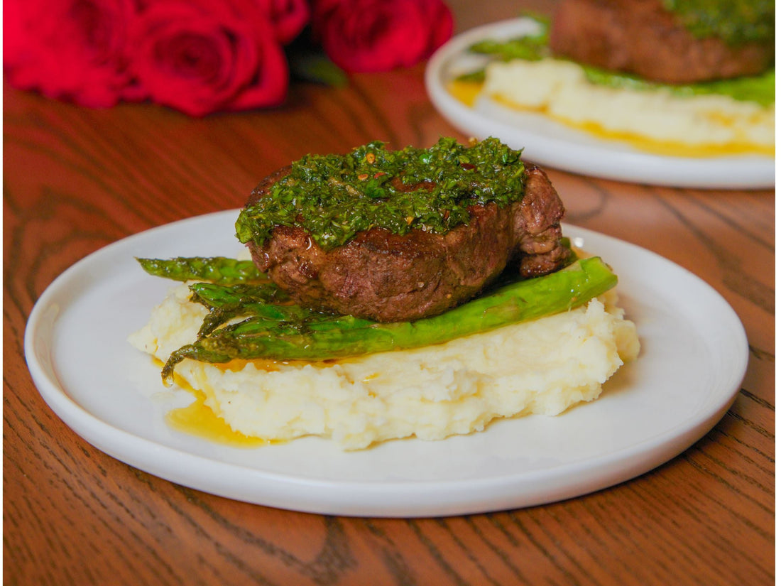 Mashed Potatoes, Pan-Fried Asparagus, & Pan-Seared Steak with Garlic Butter