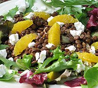 Lentil, Orange and Goat Cheese Salad with Warm Balsamic Dressing