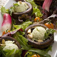 Mushroom Appetizers with Laura Chenel’s Chef’s Chèvre and Pesto