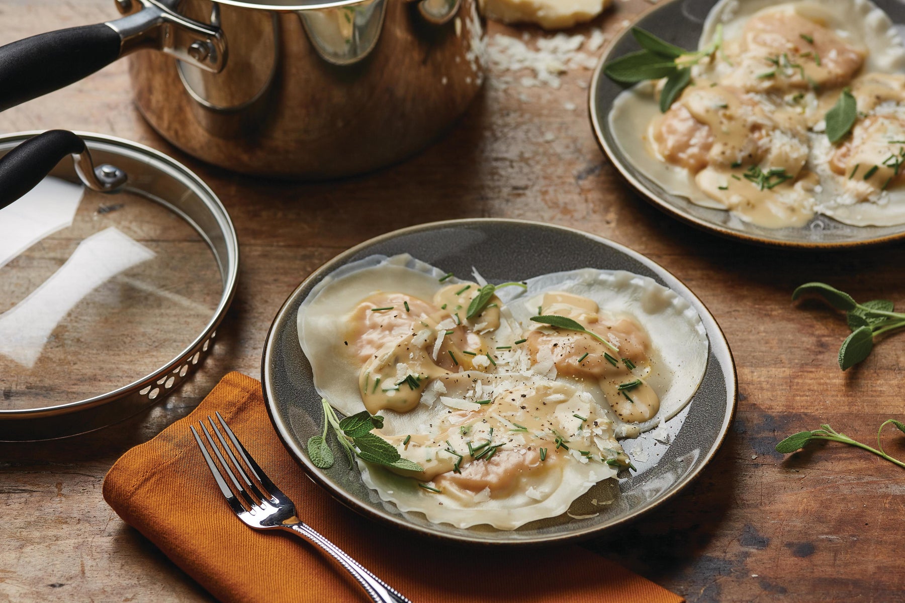 Homemade Pumpkin Ravioli with White Wine and Herb Butter Sauce