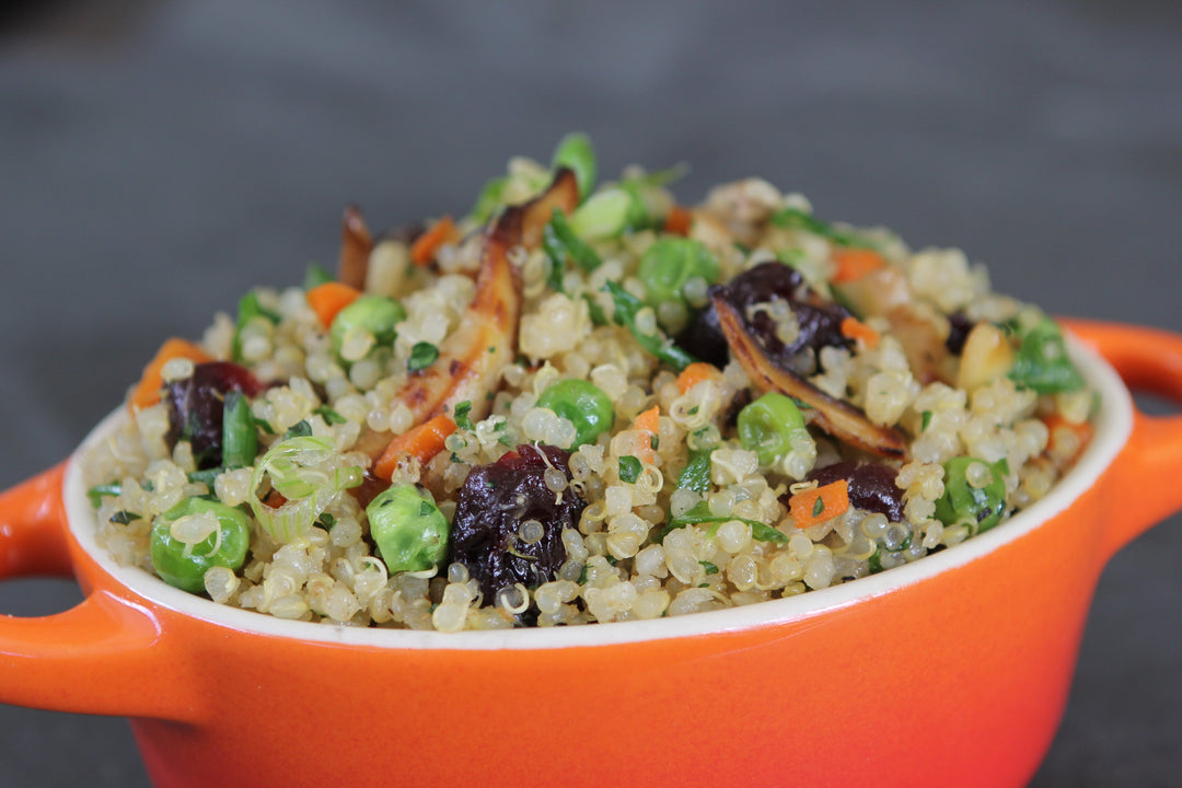 Quinoa with Sautéed Shiitake Mushrooms, Peas, and Dried Cherries