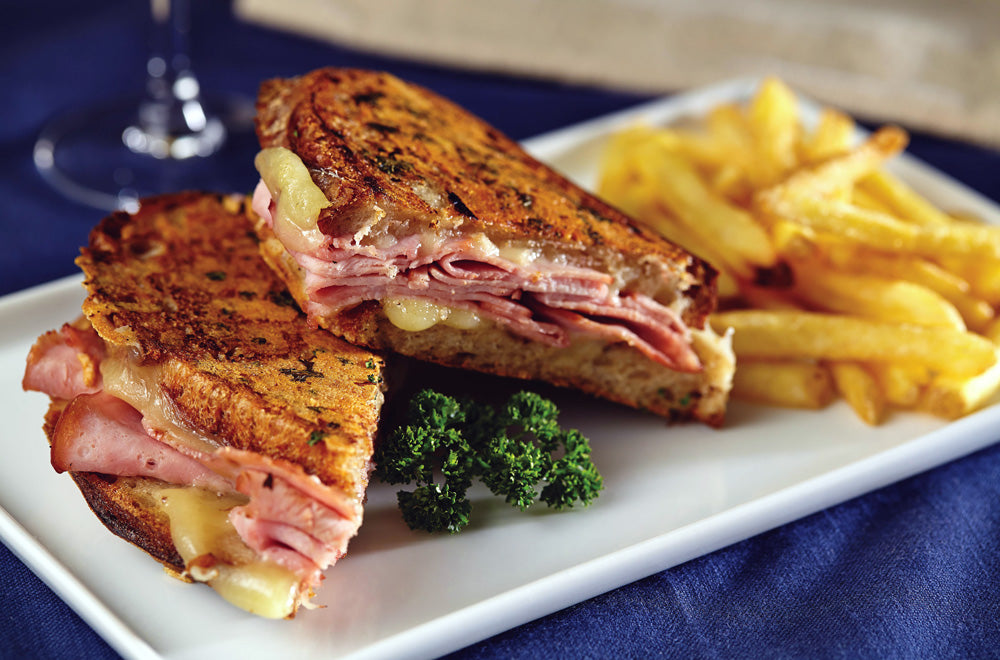 Croque Monsieur with Crispy Fries and Champagne Mimosas