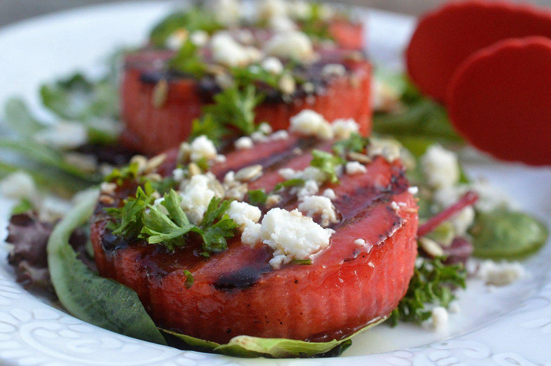 Sweet and Spicy Rubbed and Grilled Watermelon Salad with Honey Lime Vinaigrette