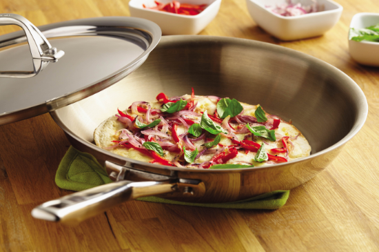 Stovetop Skillet Pizza with Peppers, Onions, Fresh Mozzarella and Basil