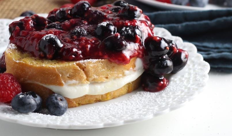 Coconut Cheesecake Stuffed French Toast with Berry Sauce
