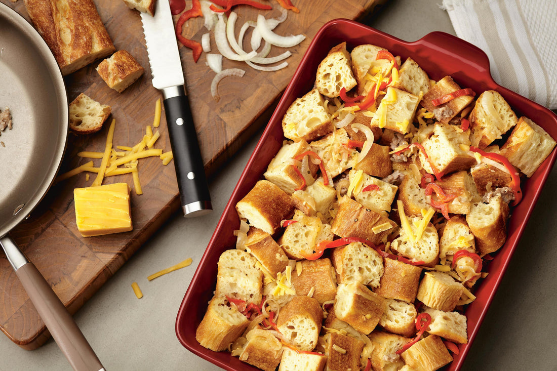 Sausage, Cheddar, and Sourdough Strata