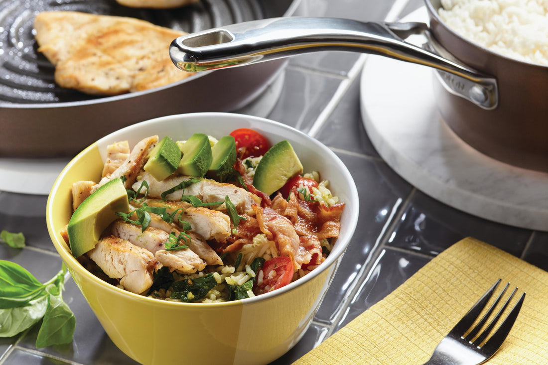 Chicken & Avocado BLT Rice Bowl with Pesto Ranch Dressing