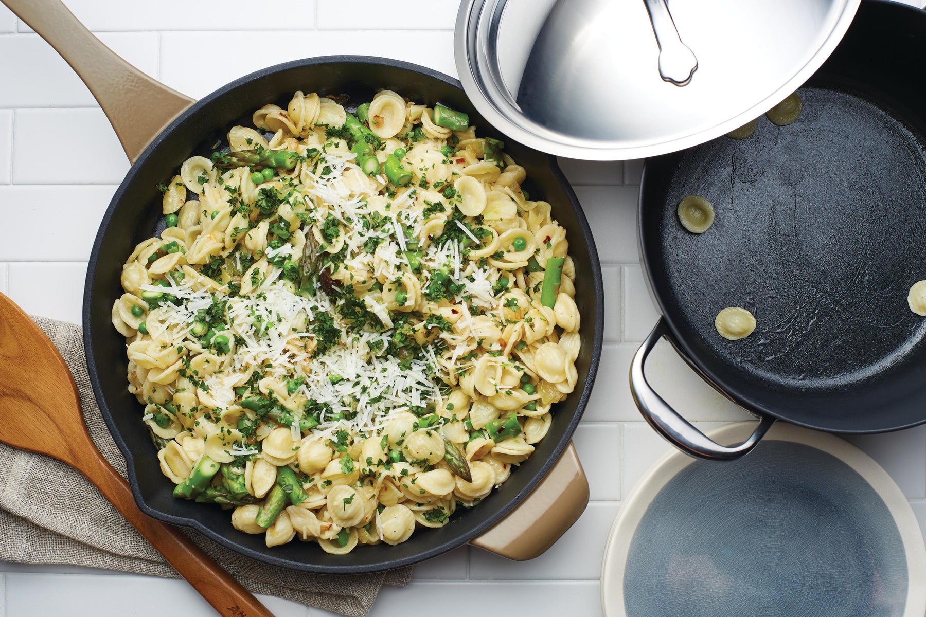 Orecchiette with Garlic, Olive Oil, Spring Vegetables, and Pecorino