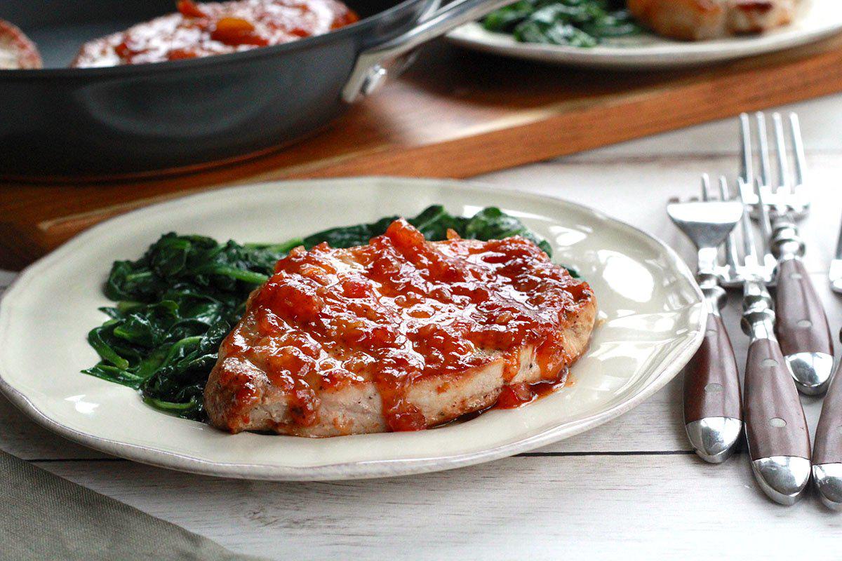 Weeknight Pork Chops with Harissa-Peach Chutney