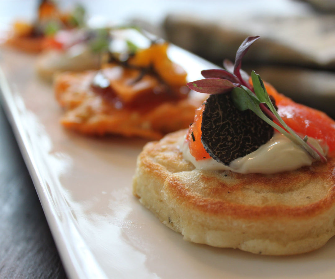 Pikelet and Latke Canapés with Cured Salmon and Truffles