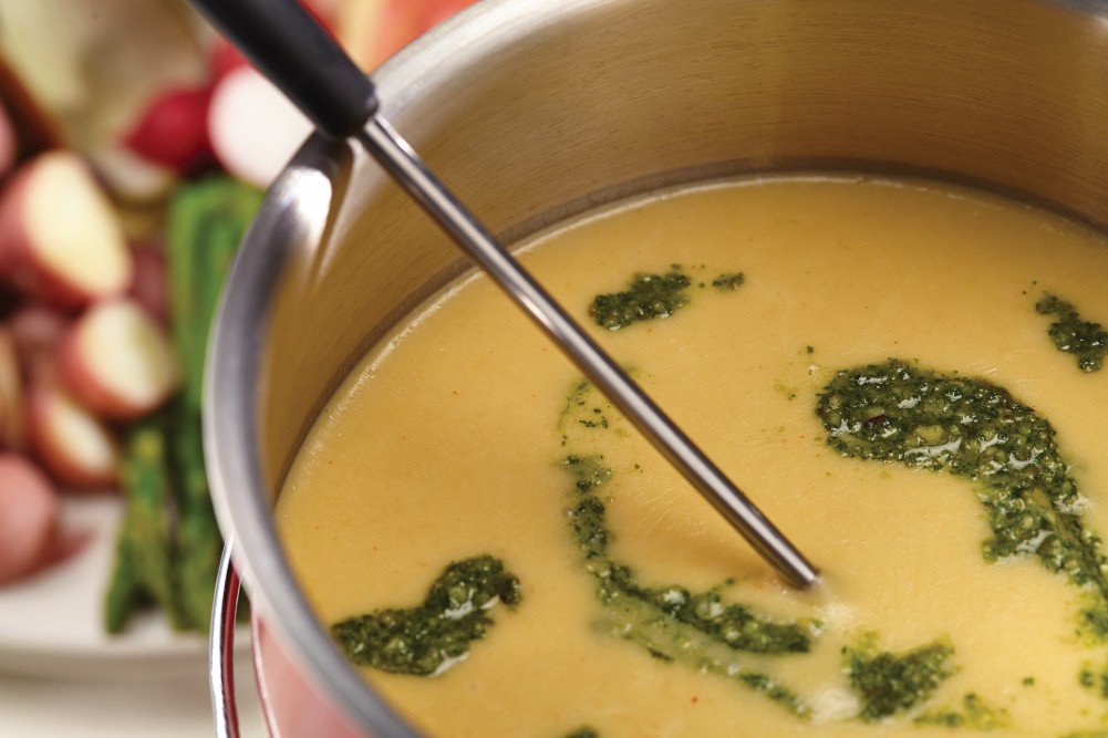 Irish Cheddar Fondue with Kale Pesto