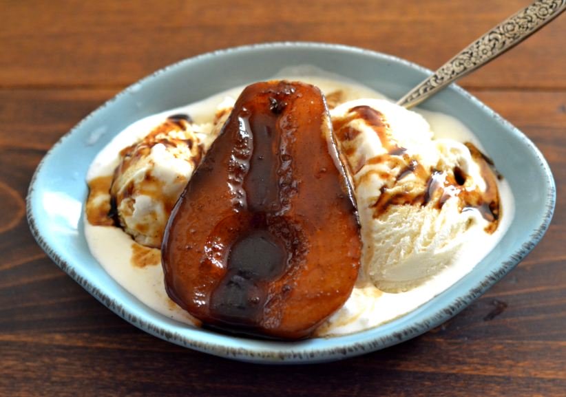 Balsamic Poached Pears with Vanilla Ice Cream