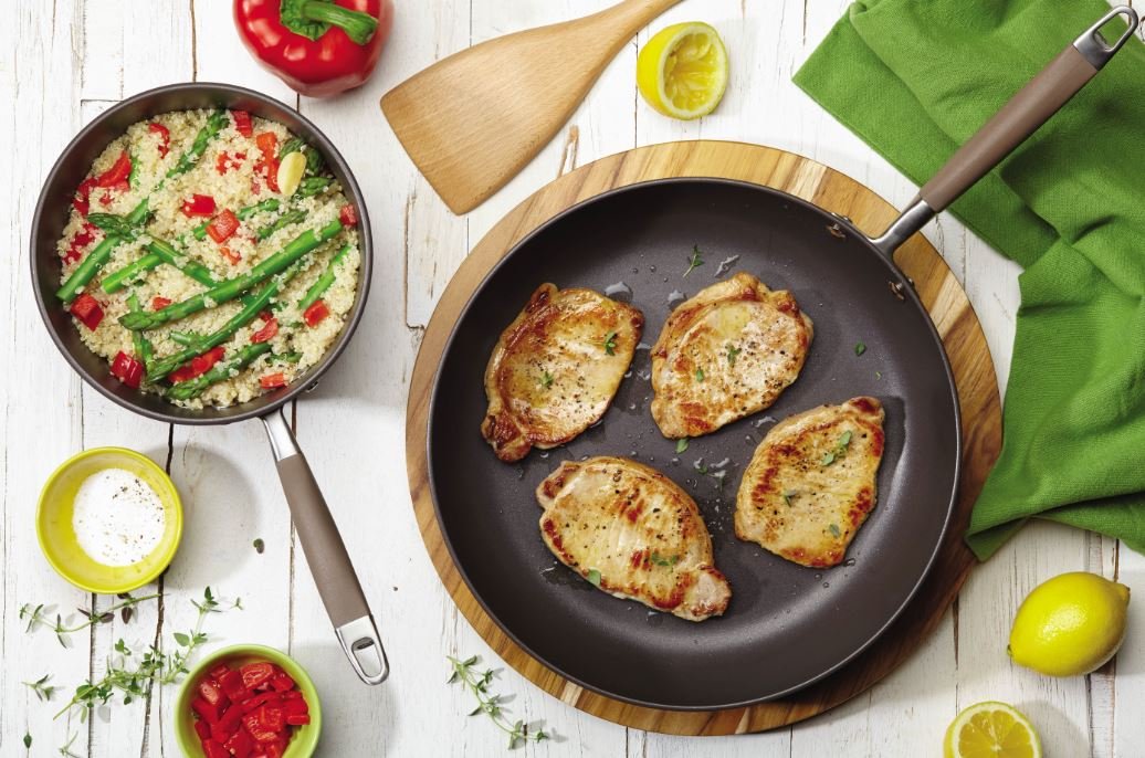 Lemon Thyme Pork Chops with Quinoa, Asparagus and Red Peppers