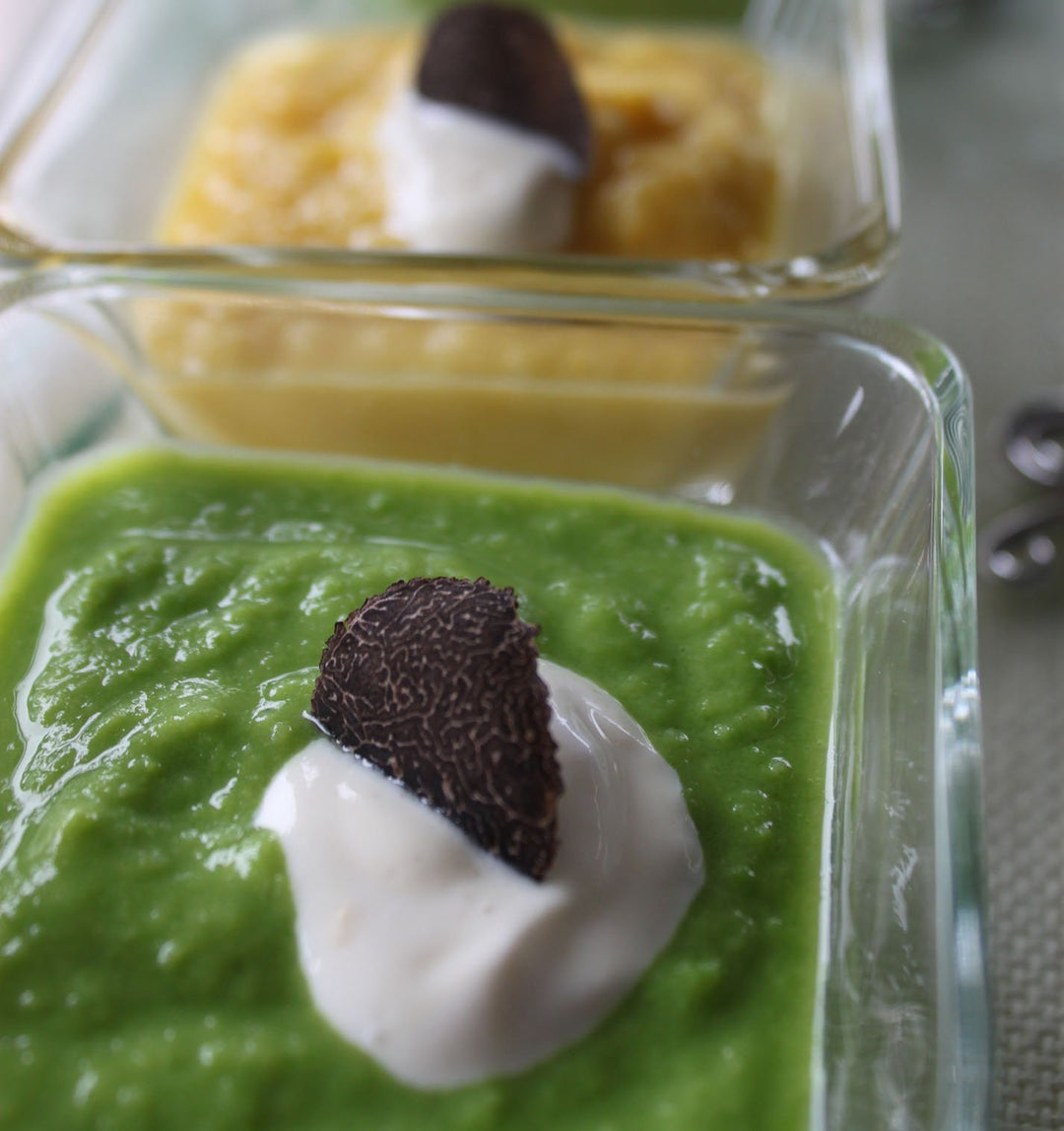 Pea and Sweet Corn Soup Shooters with Truffles