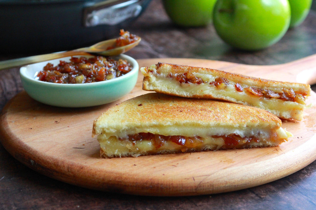apple bacon grilled cheese recipe on a serving board