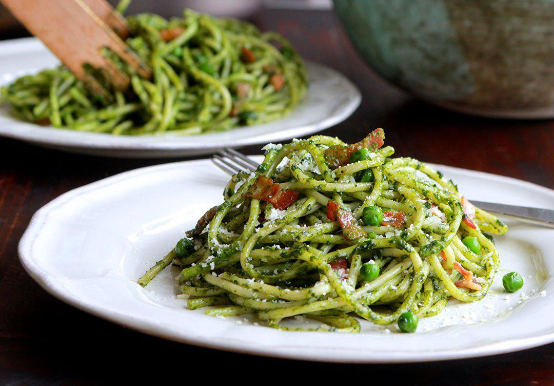 Bucatini, Bacon and Peas with Spinach Pesto