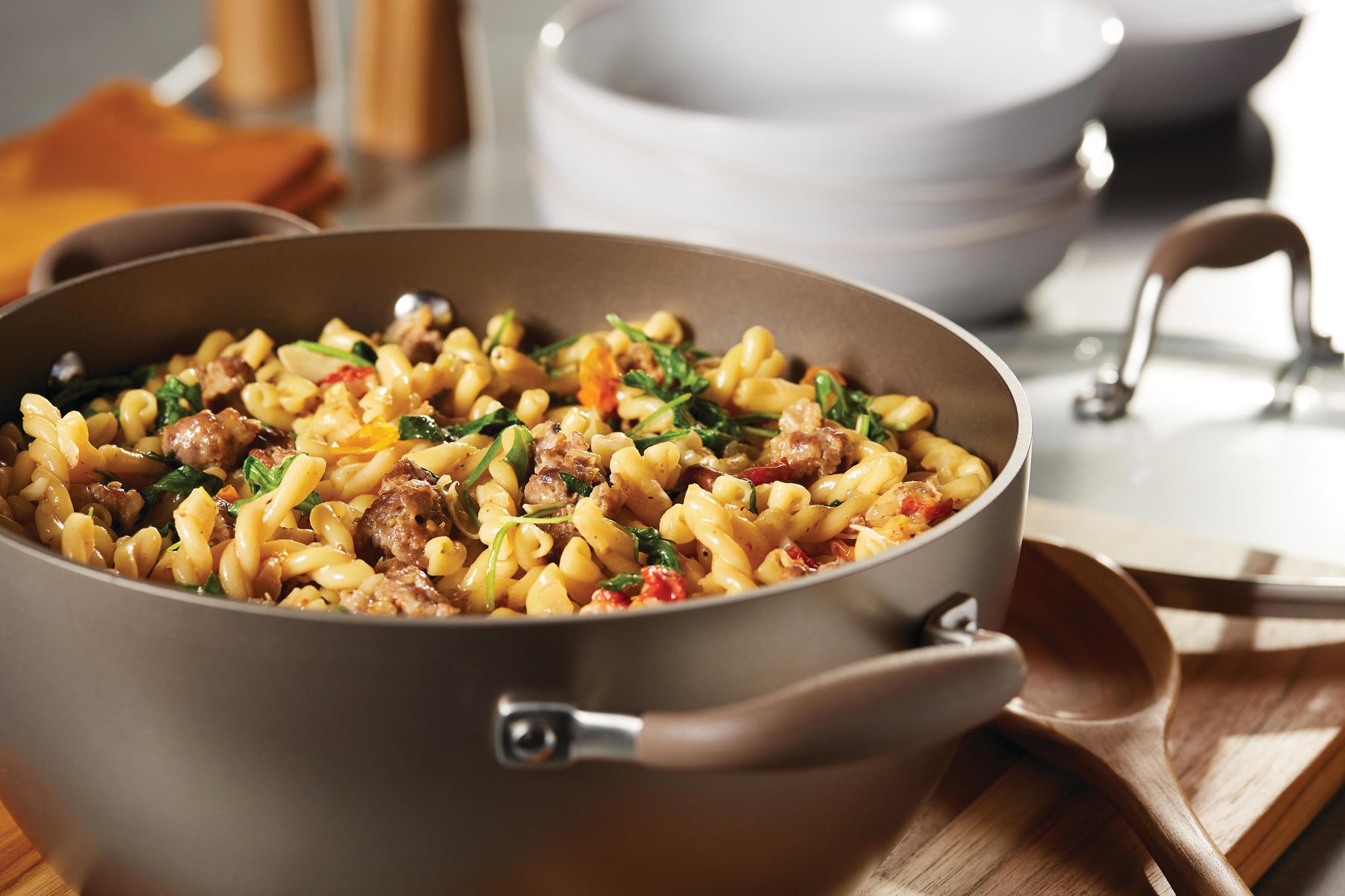 Casserole Pasta with Sausage, Cherry Tomatoes and Arugula