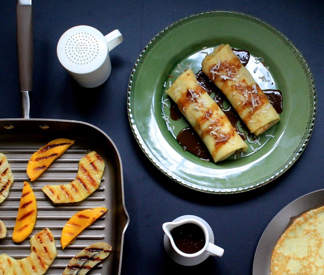 Anytime Grilled Fruit Crepes with Dark Rum and Brown Sugar Drizzle